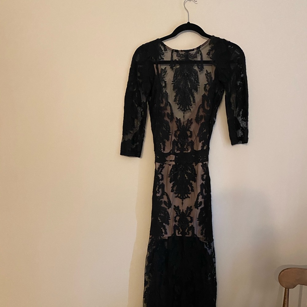 For love & lemons black lace & nude openback dress